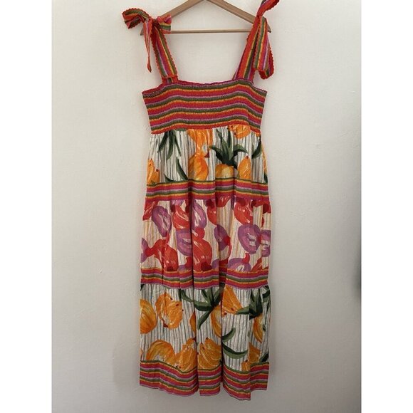 House Of Harlow 1960 Revolve Tropical Fruit Colorful Smocked Tiered Maxi Dress L - Picture 13 of 13